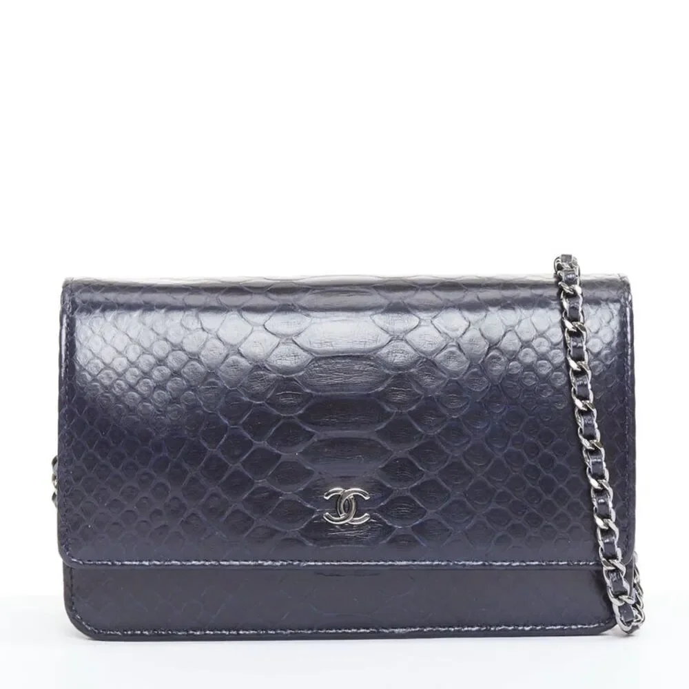 CHANEL Timeless Classic Flap Wallet on Chain navy scaled leather crossbody bag